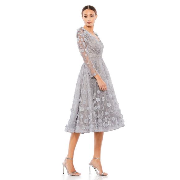 Mac Duggal Long Sleeve Floral Applique Embellished Lace Dress Sterling Size 8 - Picture 3 of 16